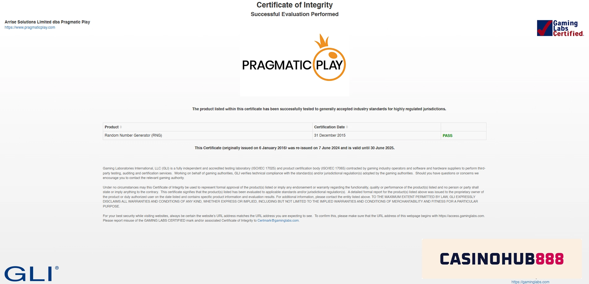 pragmatic play licens 2 Gaming Laboratories International
